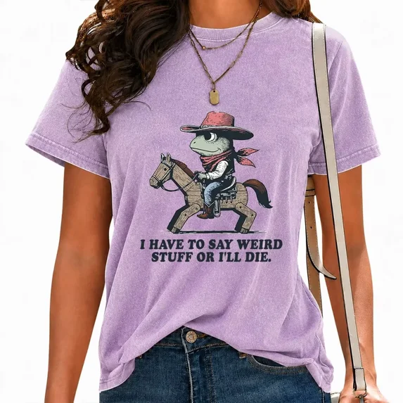 UNISHE Women Funny Rocking Horse Frog Print T Shirts Western Cowboy Graphic Tees Casual Acid Wash Tops Purple, 3XL