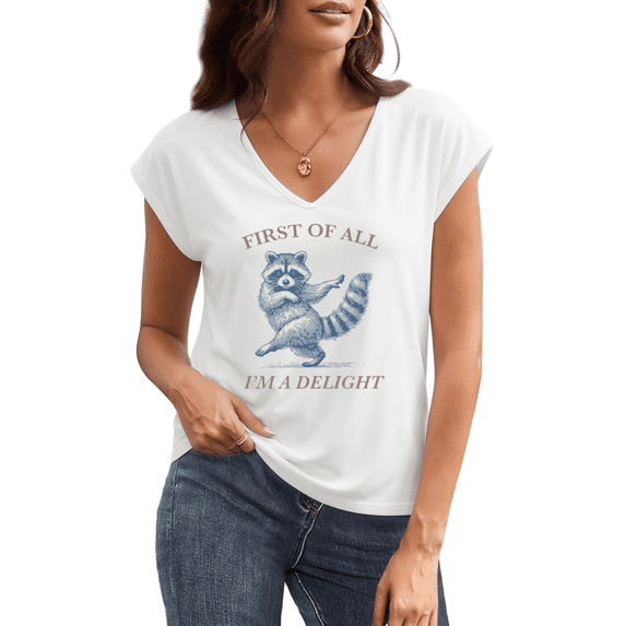 UNISHE Women Funny Sarcastic Raccoon Graphic T-Shirt - First Of All I'm A Delight Print V-Neck Sleeveless Tee Trendy Tops