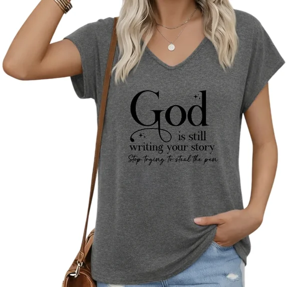 UNISHE Women God Writing Your Story V-Neck Cap Sleeve T-Shirt Faith Casual Tee S-5XL