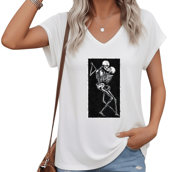 UNISHE Women Gothic Retro Dancing Skeleton V Neck Short Sleeve T Shirt Vintage Black Art Graphic Casual Loose Fit Top S-5XL