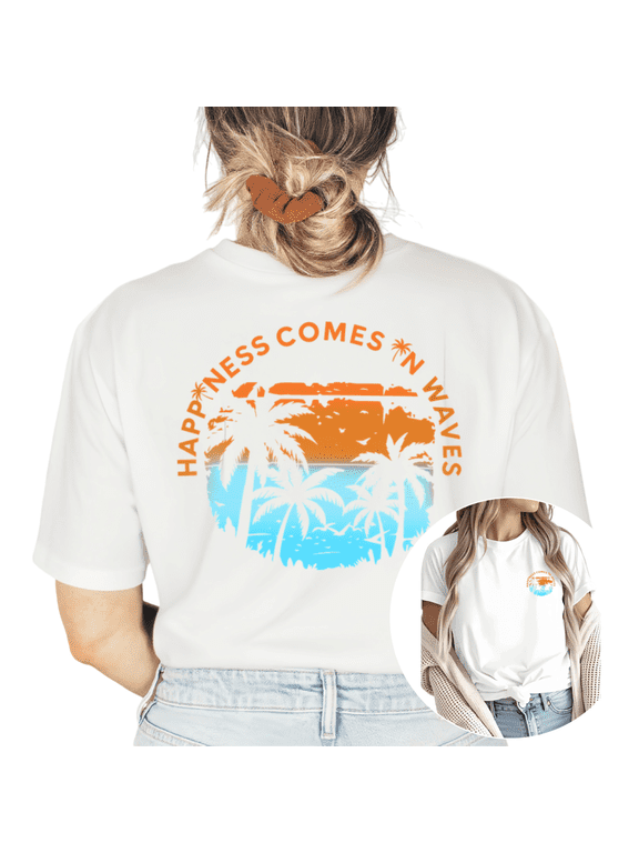 Women Happiness Comes In Waves Beach Graphic Short Sleeve T-Shirt Comfortable Cotton Crewneck Top