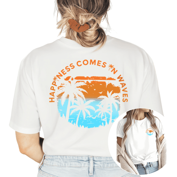 UNISHE Women Happiness Comes In Waves Beach Graphic Short Sleeve T-Shirt Comfortable Cotton Crewneck Top