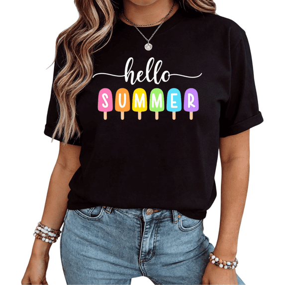 UNISHE Women Hello Summer Popsicle Graphic Short Sleeve T-Shirt Comfortable Cotton Crewneck Top