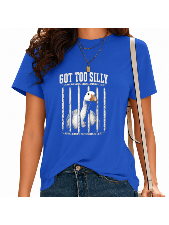 Women Hilarious Goose Graphic T-Shirt Silly Meme Print Tees Caged Bird Humor Crewneck Short Sleeve Relaxed Fit Everyday Tops