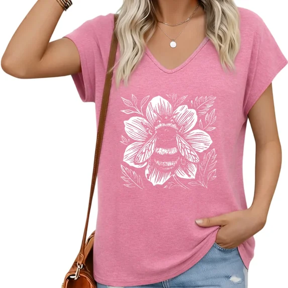 UNISHE Women Honeybee Flower Graphic V-Neck Short Sleeve T-Shirt Spring Top S-5XL