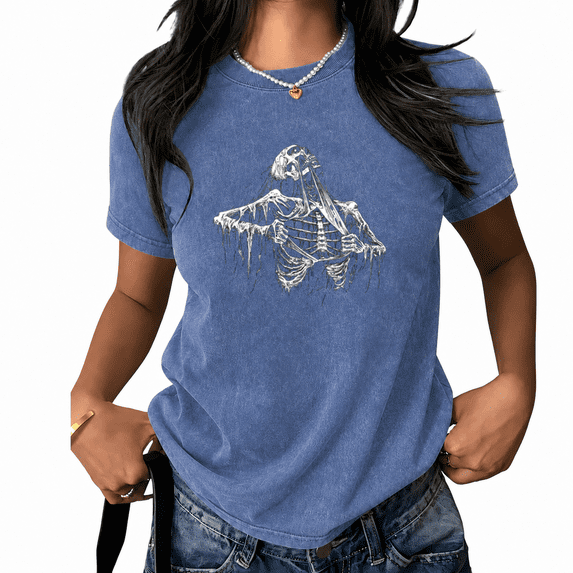 UNISHE Women Hooded Skeleton Graphic Tee Short Sleeve Acid Wash Oversized T Shirt