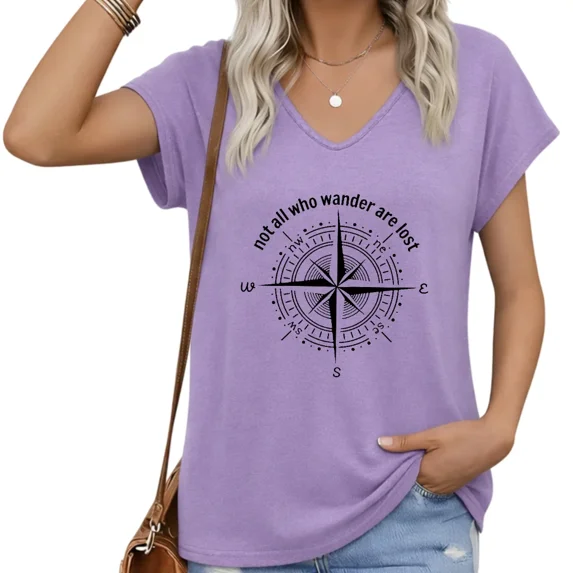 UNISHE Women Inspirational Quote V-Neck Cap Sleeve T-Shirt Loose Fit Not All Who Wander Are Lost Compass Top