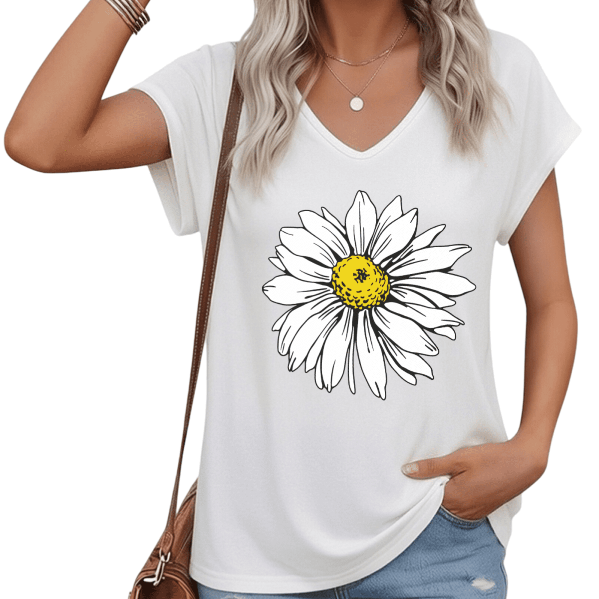 UNISHE Women Line Art Daisy V Neck Sleeveless Tee Loose Summer Style ...