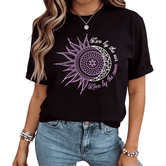 UNISHE Women Live By The Sun Love By The Moon Boho Sun Moon Graphic Short Sleeve T-Shirt fun Cotton Crewneck Top Black S-5XL
