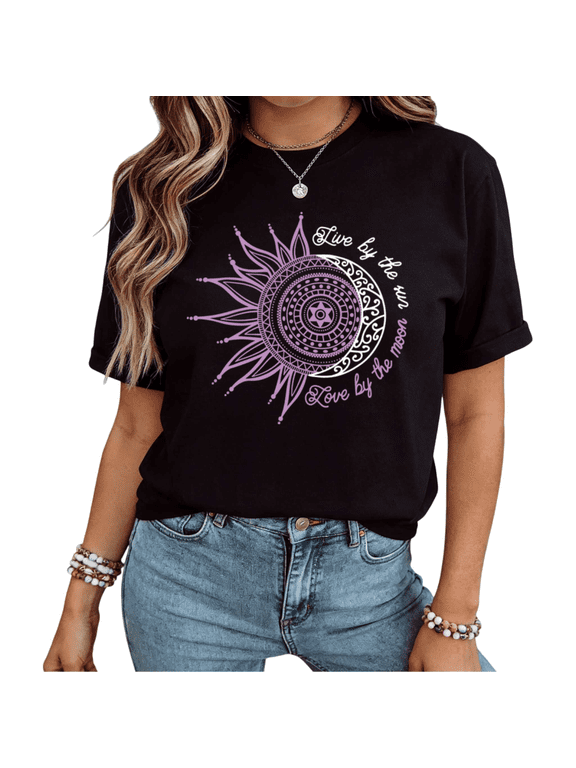 Women Live By The Sun Love By The Moon Boho Sun Moon Graphic Short Sleeve T-Shirt fun Cotton Crewneck Top Black S-5XL