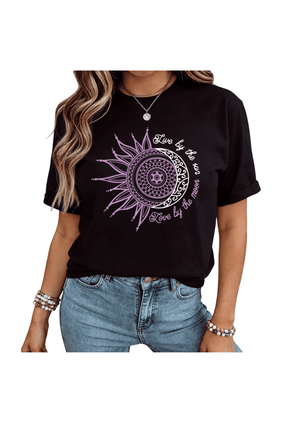 Women Live By The Sun Love By The Moon Boho Sun Moon Graphic Short Sleeve T-Shirt fun Cotton Crewneck Top Black S-5XL
