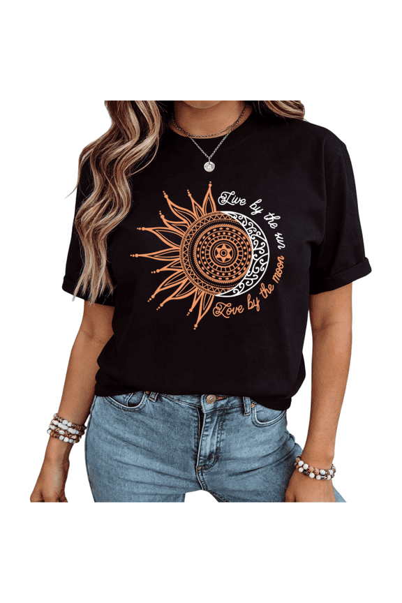 Women Live By The Sun Love By The Moon Orange Celestial Sun Moon Mandala Graphic Short Sleeve T-Shirt Black S-5XL