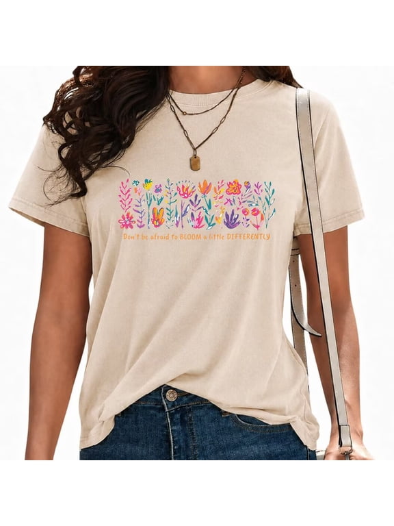 Women Mental Health Washed Vintage Tops Casual Floral Graphic Tees Short Sleeve T-Shirts Apricot, L