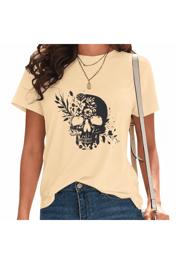 Women Modern Contrast T-Shirt Stylized Nature Print Tees Minimalist Leaf Design Crewneck Short Sleeve Trendy Everyday Tops