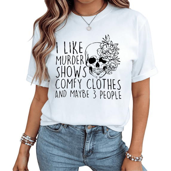 UNISHE Women Murder Shows Floral Skull Funny Graphic T-Shirt fun Cotton Crewneck Top White S-5XL