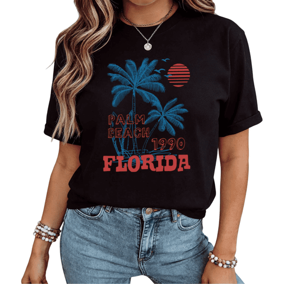 UNISHE Women Palm Beach Florida 1990 Graphic Short Sleeve T-Shirt Comfortable Cotton Crewneck Top
