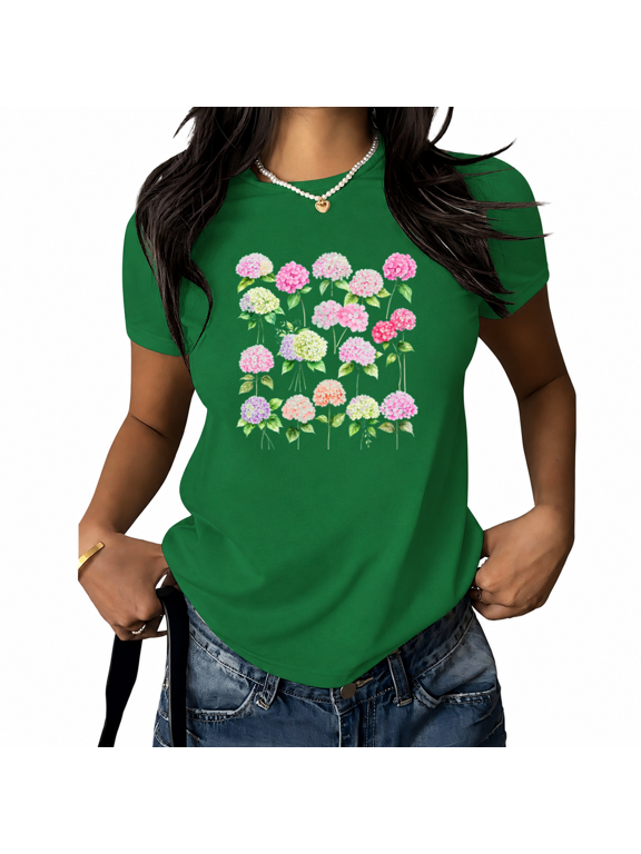 Women Pastel Hydrangea Grid Graphic Tee Watercolor Botanical Print Short Sleeve Round Neck Top