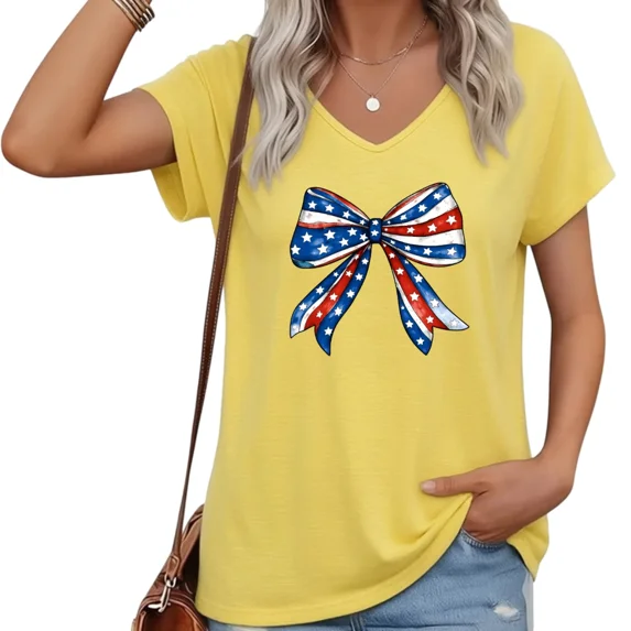 UNISHE Women Patriotic American Flag Bow V-Neck Short Sleeve T-Shirt Casual Plus Size S-5XL