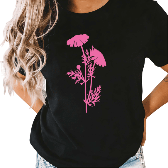 UNISHE Women Pink Daisy Wildflower Minimal Silhouette Botanical Simple S-5XL Short Sleeve Black Tops