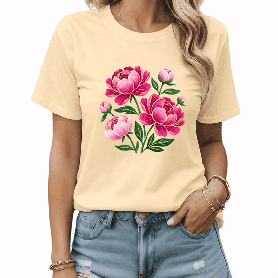 UNISHE Women Pink Peony Flower Bouquet Watercolor Graphic Short Sleeve T-Shirt Apricot Top