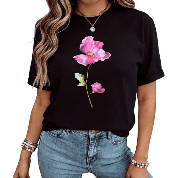 UNISHE Women Pink Poppy Floral Graphic Short Sleeve T-Shirt Comfortable Cotton Crewneck Top