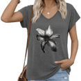 thumbnail image 1 of UNISHE Women Plus Size V Neck Short Sleeve T Shirt Black White Watercolor Lily Minimalist Graphic Casual Top S-5XL, 1 of 6
