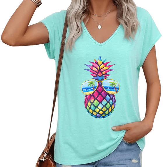 UNISHE Women Plus Size V Neck Short Sleeve T Shirt Pineapple Sunglasses Beach Graphic Vintage Casual Top S-5XL