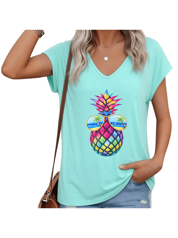 Women Plus Size V Neck Short Sleeve T Shirt Pineapple Sunglasses Beach Graphic Vintage Casual Top S-5XL