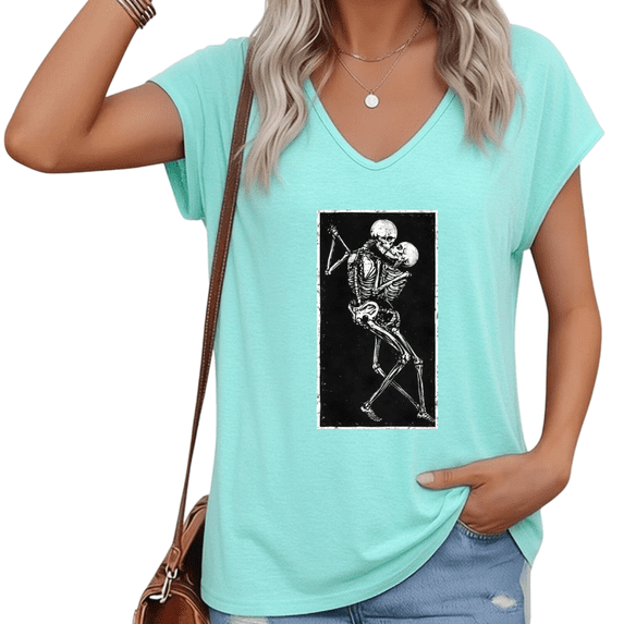 UNISHE Women Plus Size V Neck Short Sleeve T Shirt Retro Skeleton Dance Graphic Vintage Gothic Casual Top S-5XL