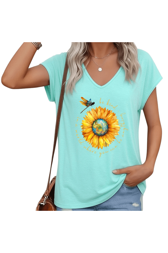 Women Plus Size V Neck Short Sleeve T Shirt Sunflower Earth Dragonfly Inspirational Graphic Vintage Casual Top S-5XL