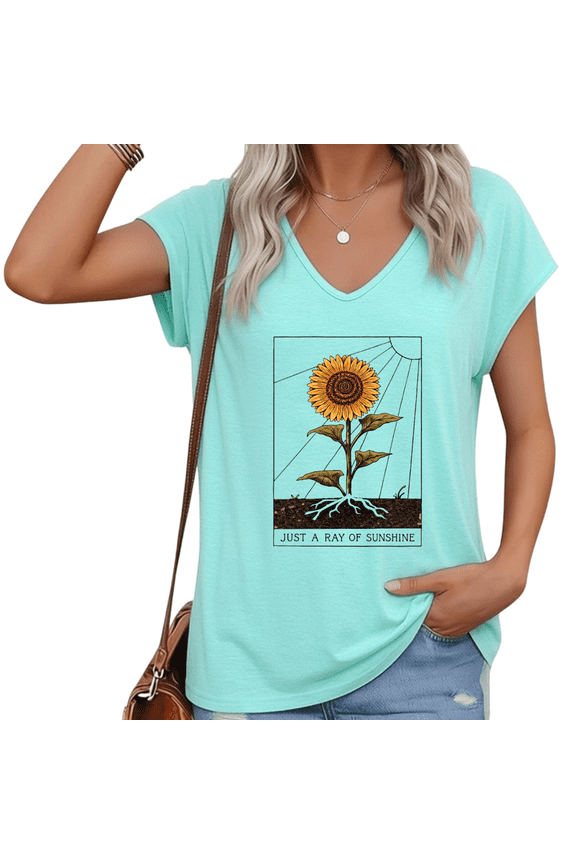 Women Plus Size V Neck Short Sleeve T Shirt Sunflower Roots Vintage Botanical Graphic Vintage Casual Top S-5XL