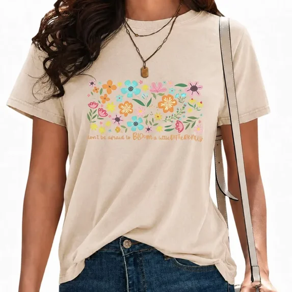 UNISHE Women Positive T-Shirts Mental Health Floral Graphic Tees Washed Vintage Flower Short Sleeve Tops Apricot, L