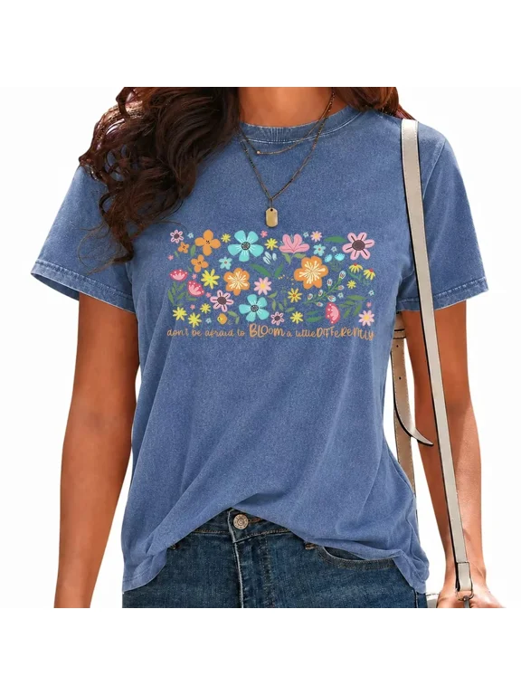 Women Positive T-Shirts Mental Health Floral Graphic Tees Washed Vintage Flower Short Sleeve Tops Blue, 3XL