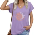 thumbnail image 1 of UNISHE Women Purple Sun Moon V-Neck Short Sleeve T-Shirt Casual Loose Fit Summer Top, 1 of 6