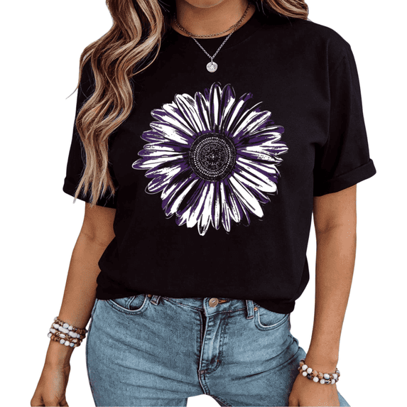 UNISHE Women Purple White Daisy Floral Graphic Short Sleeve T-Shirt Comfortable Cotton Crewneck Top