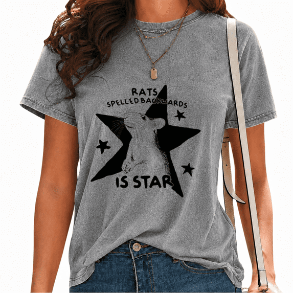 UNISHE Women Rats Spelled Backwards is Star Graphic T-shirts Water Washed Short Sleeve Crewneck Tops Cute Black White Rat Design Funny Wordplay Tees Summer