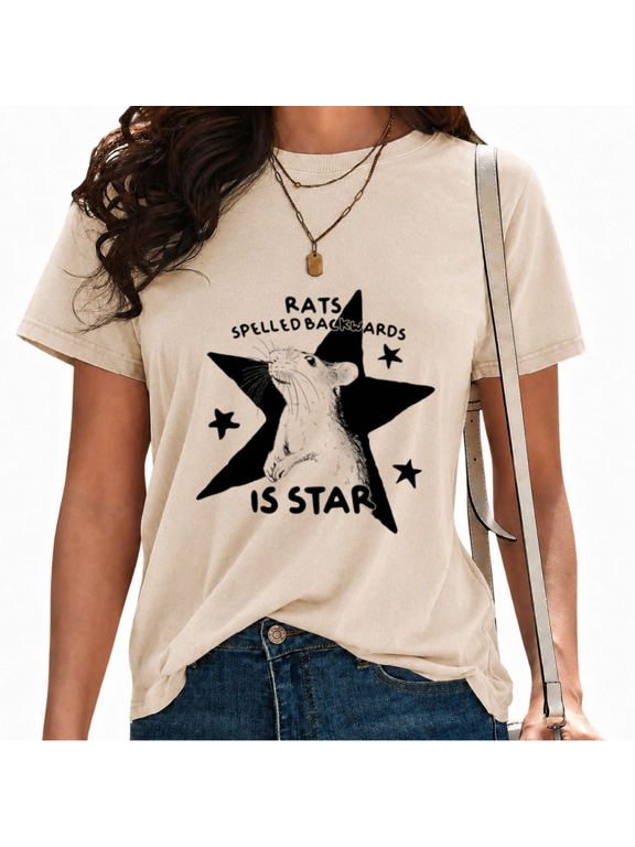 Women Rats Spelled Backwards is Star Graphic T-shirts Water Washed Short Sleeve Crewneck Tops Cute Black White Rat Design Funny Wordplay Tees Summer