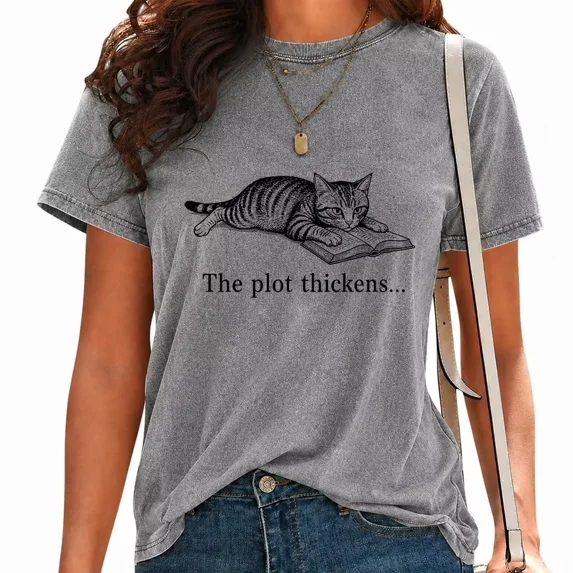 UNISHE Women Reading Cat Print T-Shirts Book Lover Vintage Washed Tops Casual Short Sleeve Tees Gray, M