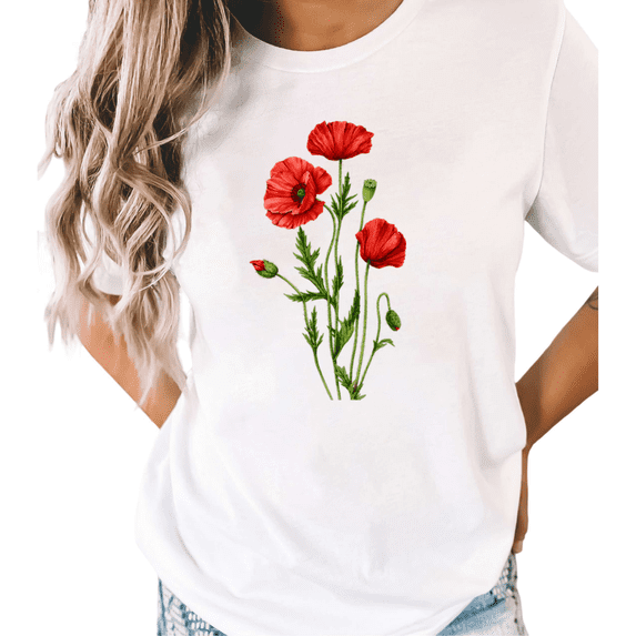 UNISHE Women Red Poppy Flower Stem Watercolor Floral Graphic Crew Neck Daily Trendy Short Sleeve White S-5XL Tops