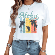 UNISHE Women Retro Aloha Hawaii Palm Tree Beach Graphic Short Sleeve T-Shirt Soft Cotton Comfortable Tee