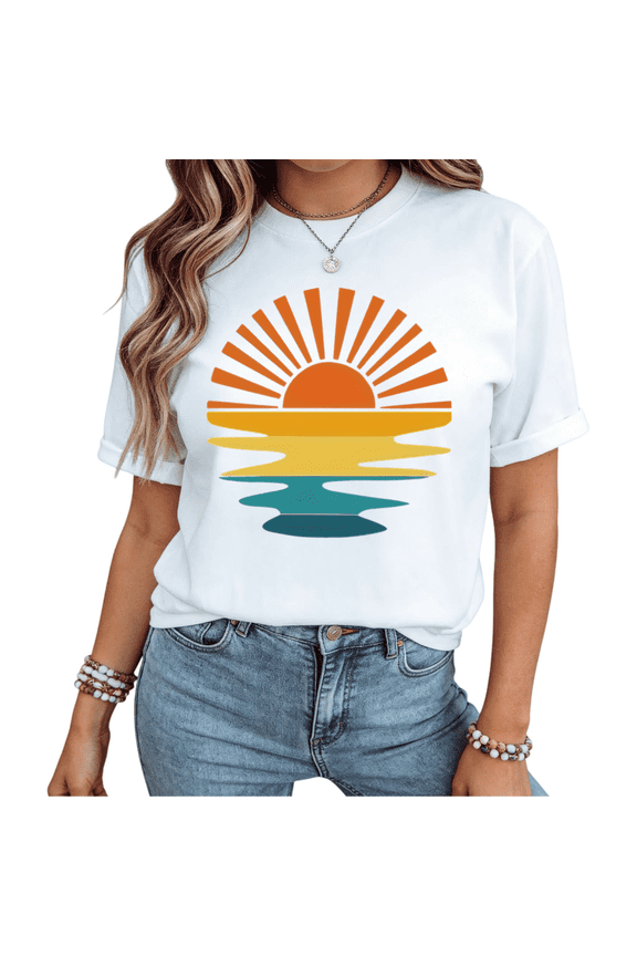 Women Retro Sunset Ocean Graphic Short Sleeve T-Shirt Comfortable Cotton Crewneck Top