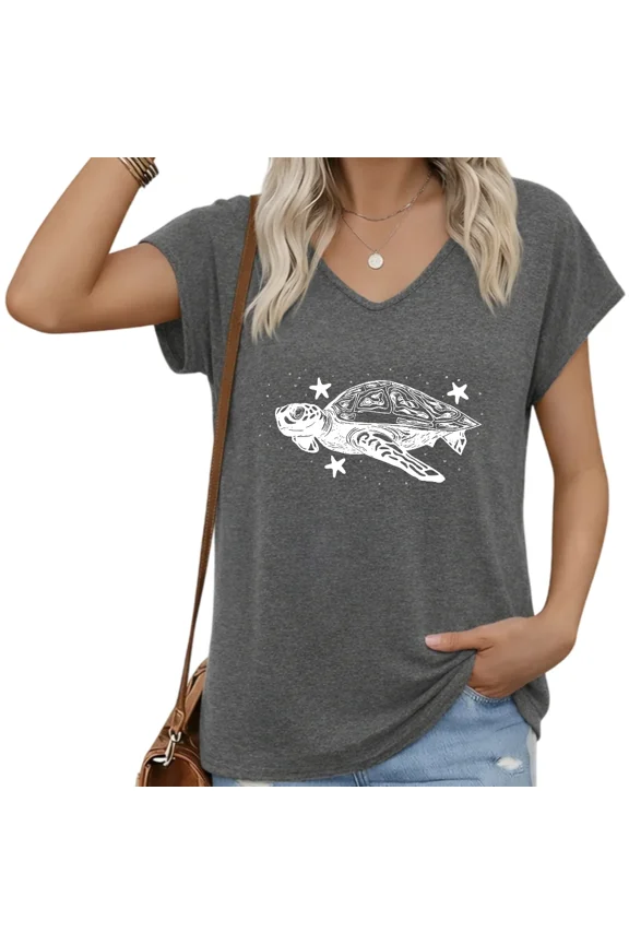 Women Sea Turtle V-Neck Short Sleeve T-Shirt Nautical Top S-5XL