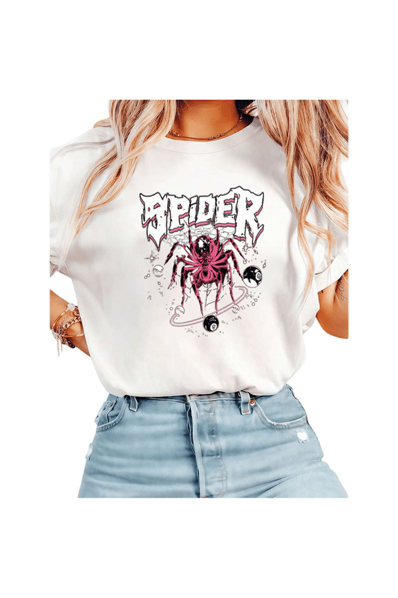 Women Spider Gothic Pink Graphic Short Sleeve T-Shirt Comfortable Cotton Crewneck Top