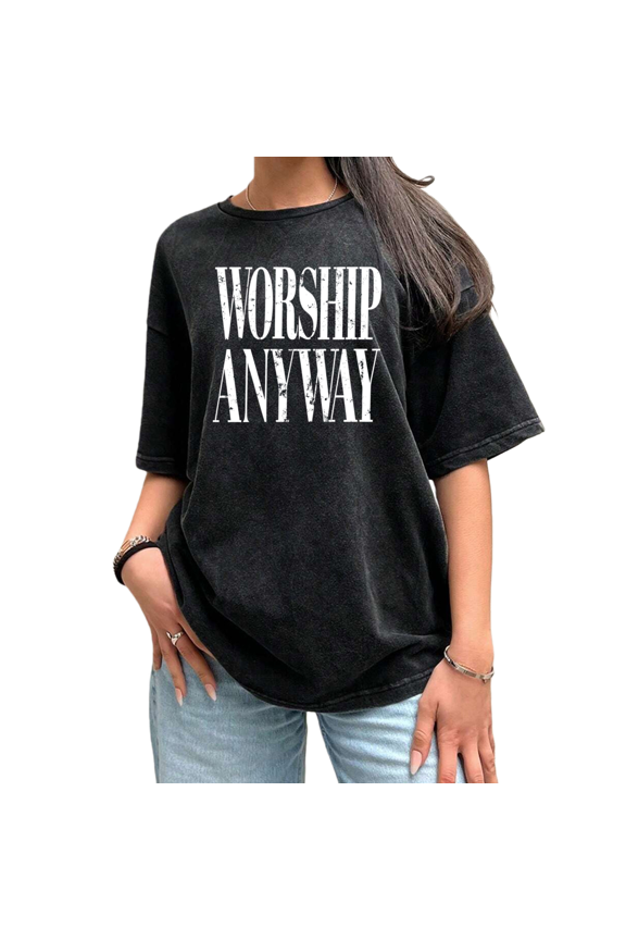 Women Steadfast Worship Anyway Letter Faith Vintage Washed T-Shirt Crew Neck Tops