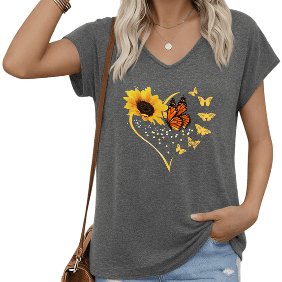 UNISHE Women Sunflower Heart Butterfly V Neck Short Sleeve T Shirt Neutral Tone Floral Graphic Casual Plus Size Tee S-5XL