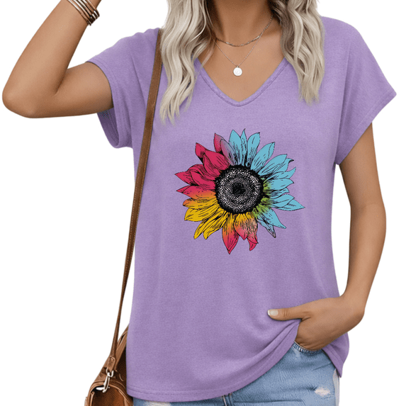UNISHE Women Sunflower V Neck Short Sleeve T Shirt Colorful Floral Graphic Casual Plus Size Tee S-5XL