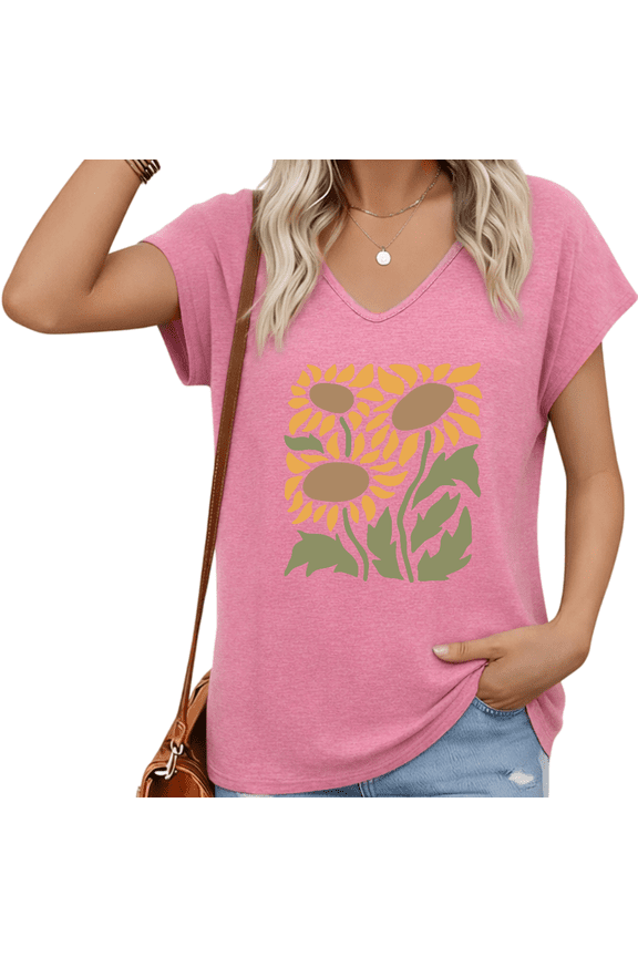 Women Sunflower V-Neck Sleeveless T-Shirt Vintage Summer Soft Knit Top