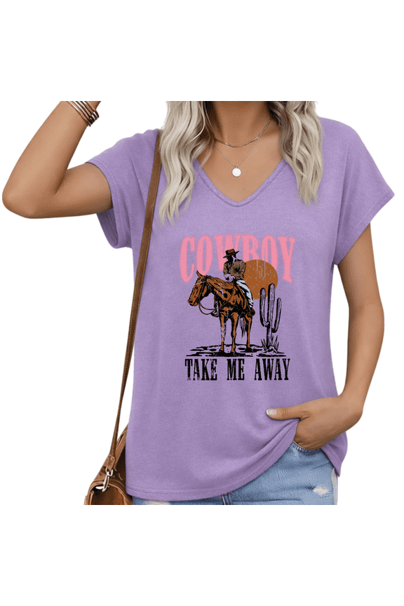 Women Take Me Away V Neck Short Sleeve T Shirt Western Desert Sunset Graphic Casual Plus Size Tee S-5XL