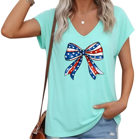 UNISHE Women Turquoise American Flag Bow V-Neck T-Shirt Casual Plus S-5XL