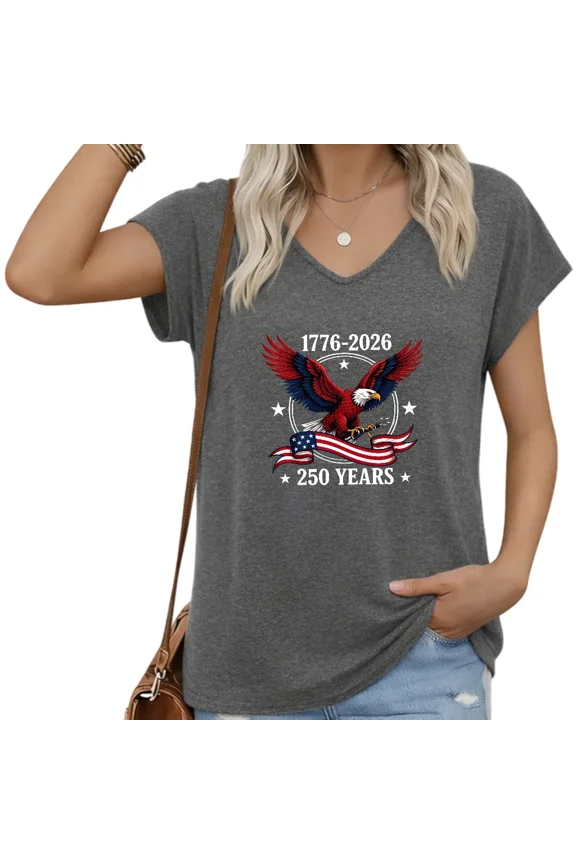 Women USA 250 Years Anniversary V-Neck T-Shirt 1776-2026 Painted Eagle Patriotic Short Sleeve Tee S-5XL